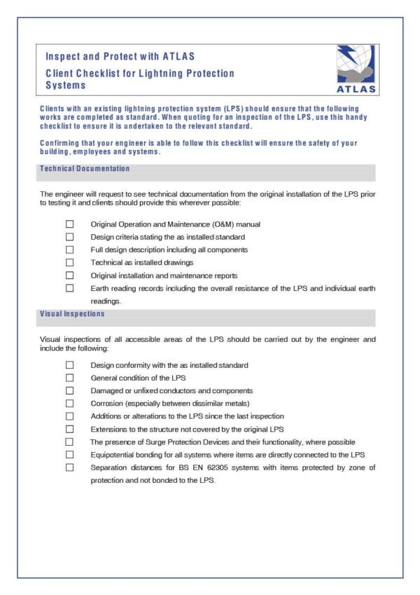 Atlas Client Lightning Protection checklist template in Word and PDF formats, 2 pages