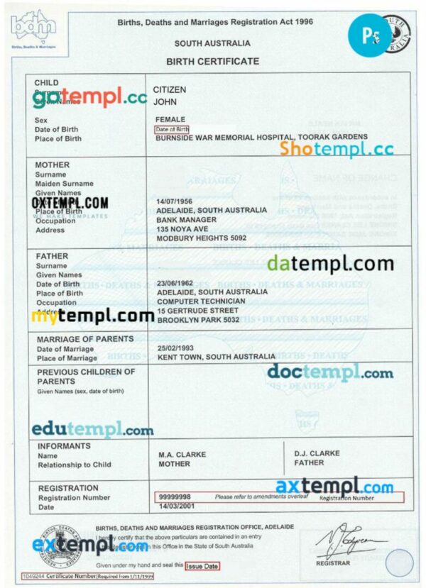 Australia South Australia birth certificate template in PSD format