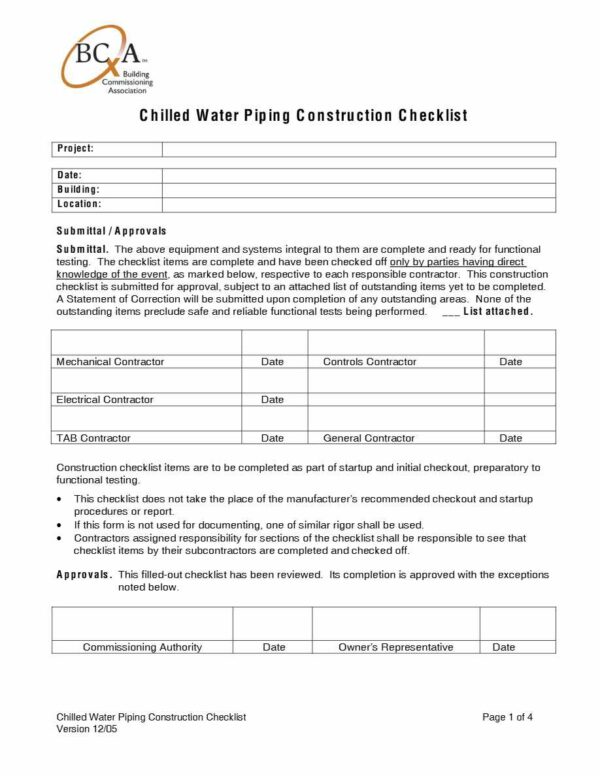 BCA Chilled Water Piping Construction checklist template in Word and PDF formats, 4 pages