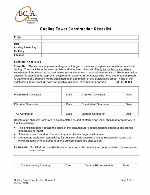 BCA Cooling Tower Construction checklist template in Word and PDF formats, 6 pages