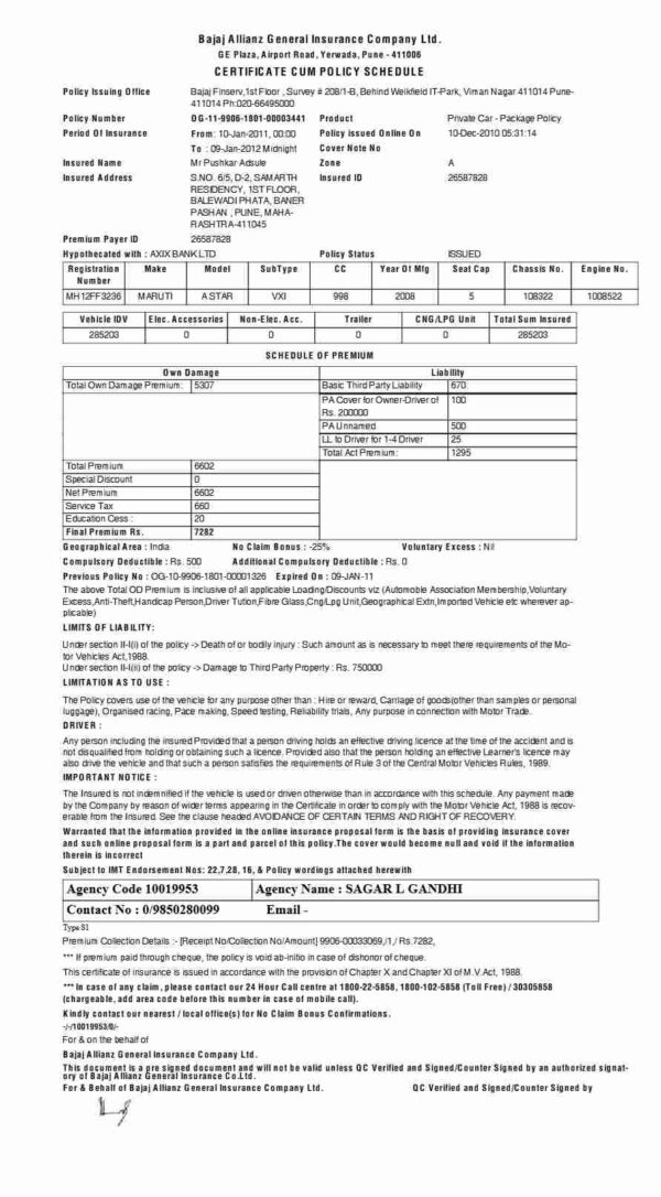 Bajaj Allianz General Insurance Company Ltd. car insurance template in Word and PDF formats