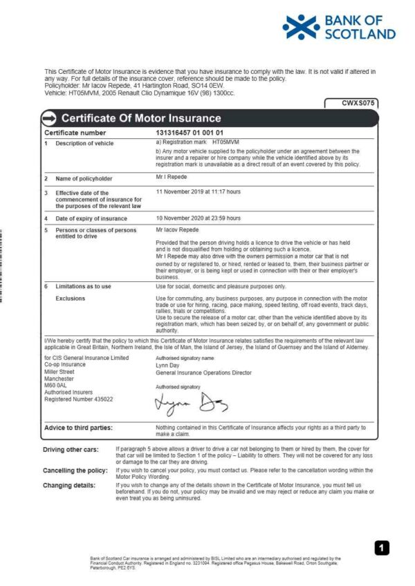 Bank of Scotland Insurance car insurance template in Word and PDF formats