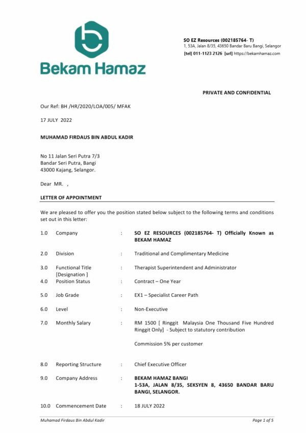 Beham Hamaz Therapist Superintendent and Administrator offer letter in Word and Pdf formats