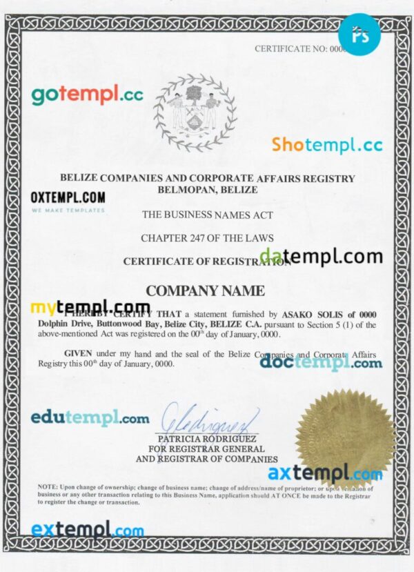 Belize business registration certificate PSD template