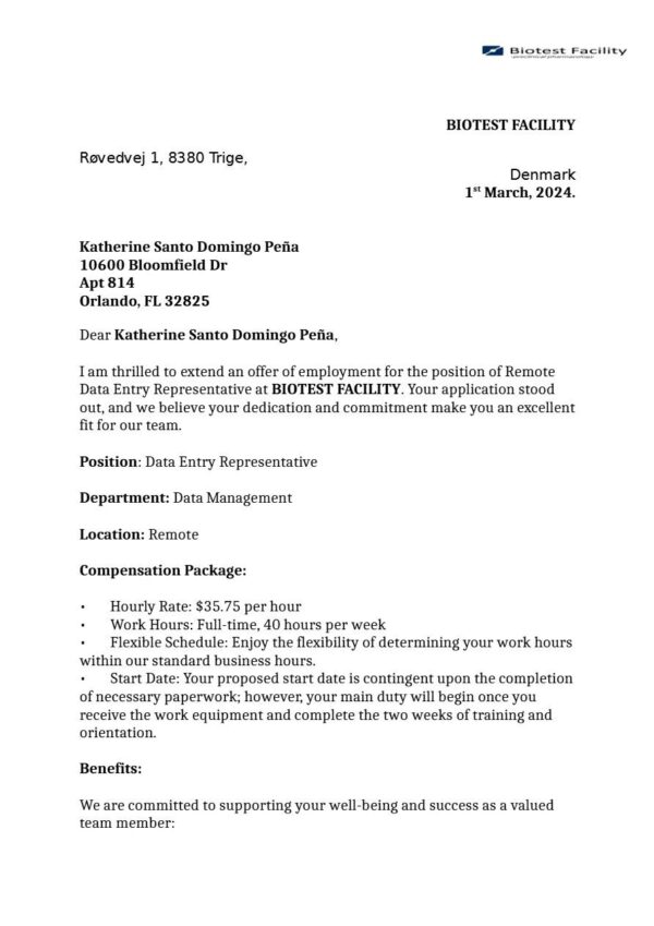 Biotest Facility Data Entry Representative offer letter in Word and Pdf formats