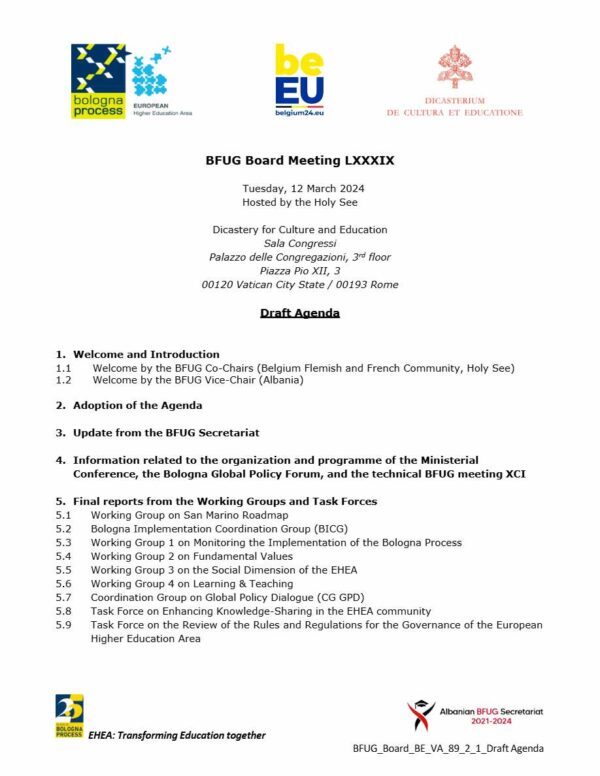 Bologna Process BFUG Board Meeting agenda template in Word and PDF formats