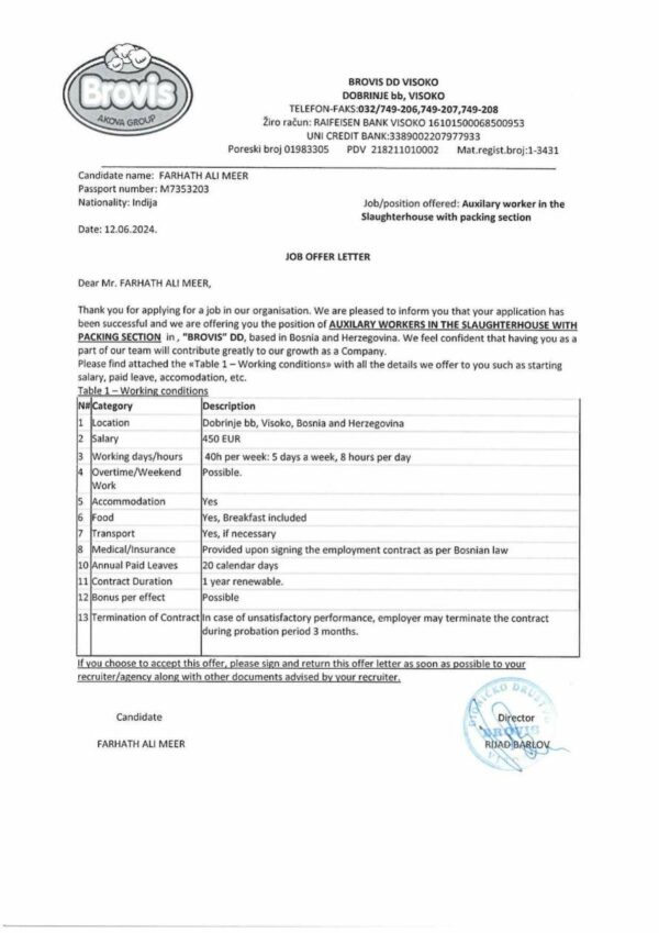 Brovis DD Visoko Auxilary Worker offer letter in Word and Pdf formats