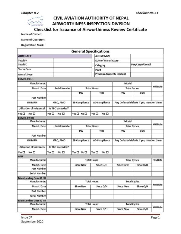 CAAN Issuance of Airworthiness Review Certificate checklist template in Word and PDF formats, 13 pages