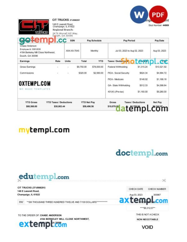 CIT Trucks earnings statement template in Word and PDF formats