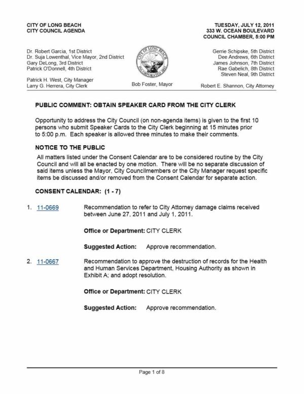 City of Long Beach City Council agenda template in Word and PDF formats