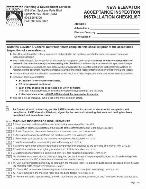 City of Spokane  Inspection Installation checklist template in Word and PDF formats, 3 pages