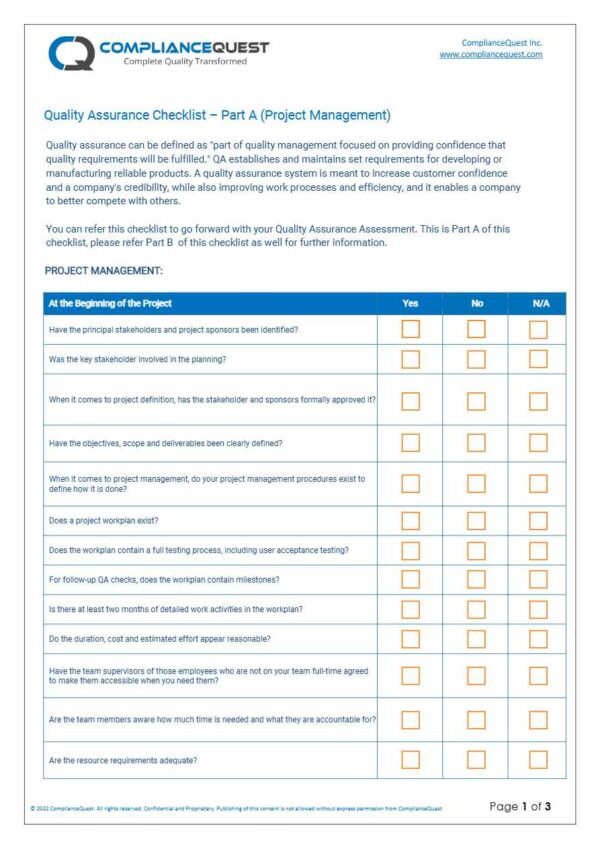 Compliance Quest QA checklist template in Word and PDF formats, 3 pages