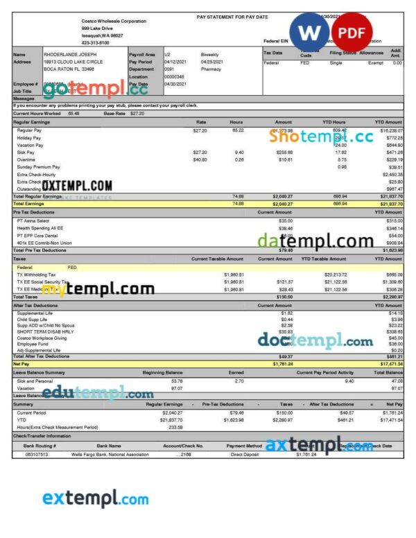 Costco Wholesale Corporation pay statement template in Word and PDF formats