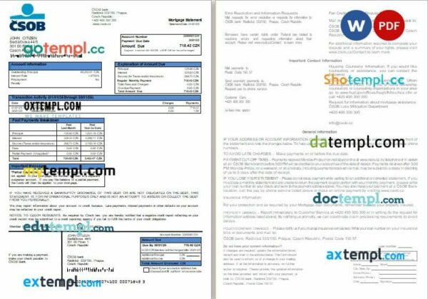 Czech ČSOB bank mortgage statement, 2 pages, editable template in PDF and Word