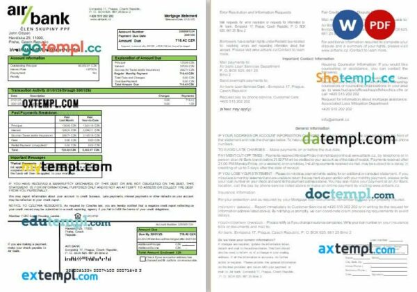 Czechia Air bank mortgage statement, 2 pages, editable template in PDF and Word