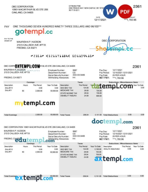 DBC Corporation pay stub template in Word and PDF formats