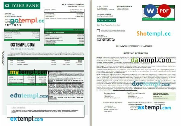 Denmark Jyske bank mortgage statement, 3 pages, editable template in PDF and Word