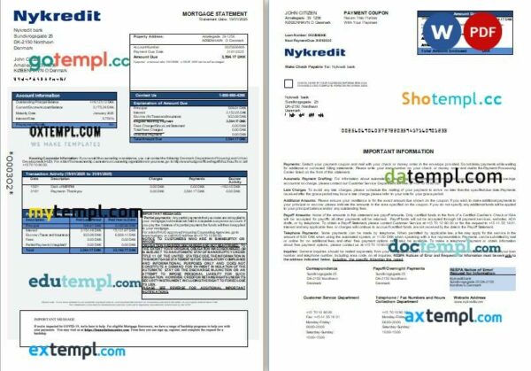 Denmark Nykredit bank mortgage statement, 3 pages, editable template in PDF and Word