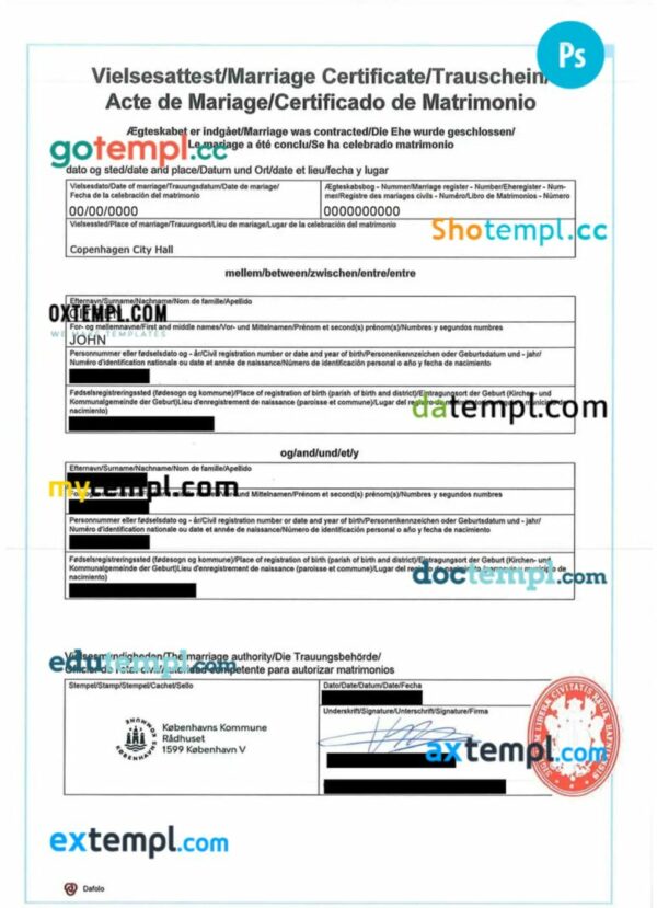 Denmark international marriage certificate template in PSD format