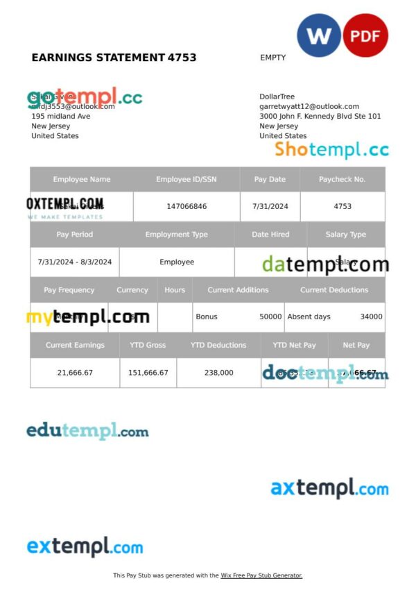 DollarTree earning statement template in Word and PDF formats