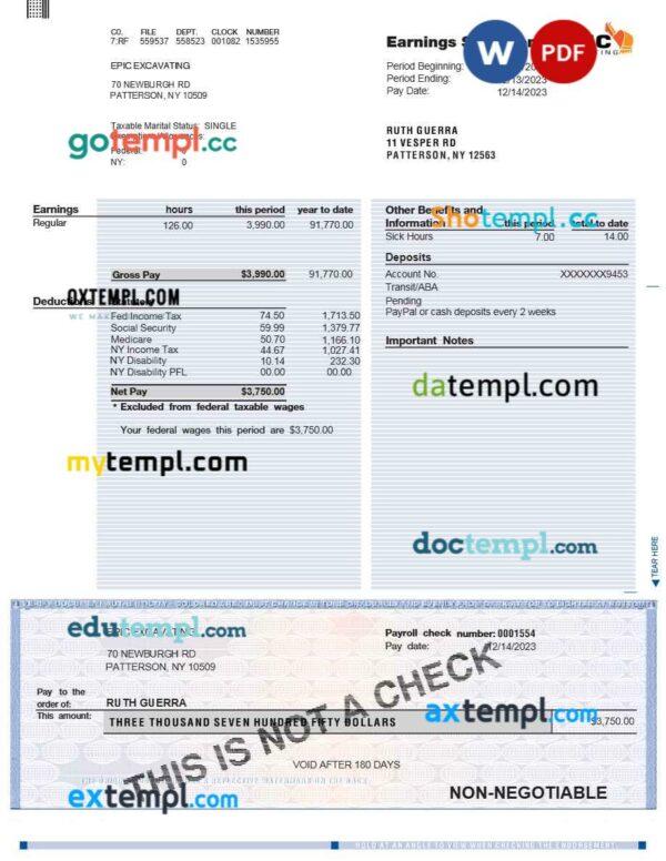 Epic Excavating earnings statement template in Word and PDF formats