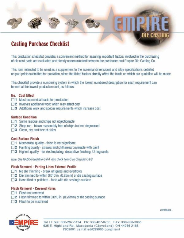 Empire Casting Purchase checklist template in Word and PDF formats, 4 pages