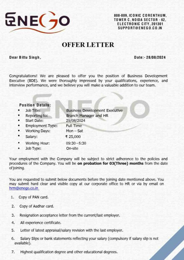 Enego Business Development Executive offer letter in Word and Pdf formats