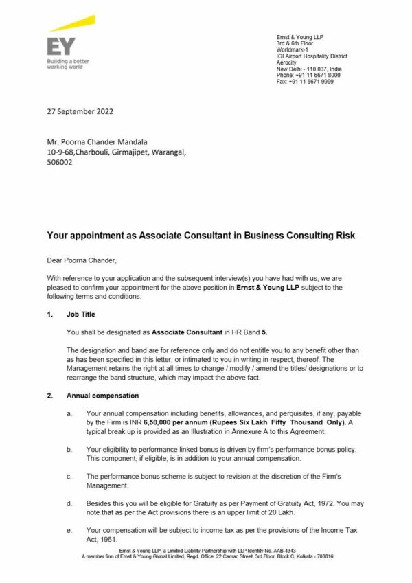 Ernst & Young LLP. Associate Consultant offer letter in Word and Pdf formats