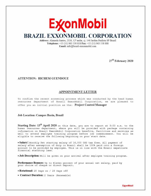 ExxonMobil Project Control Manager offer letter in Word and Pdf formats