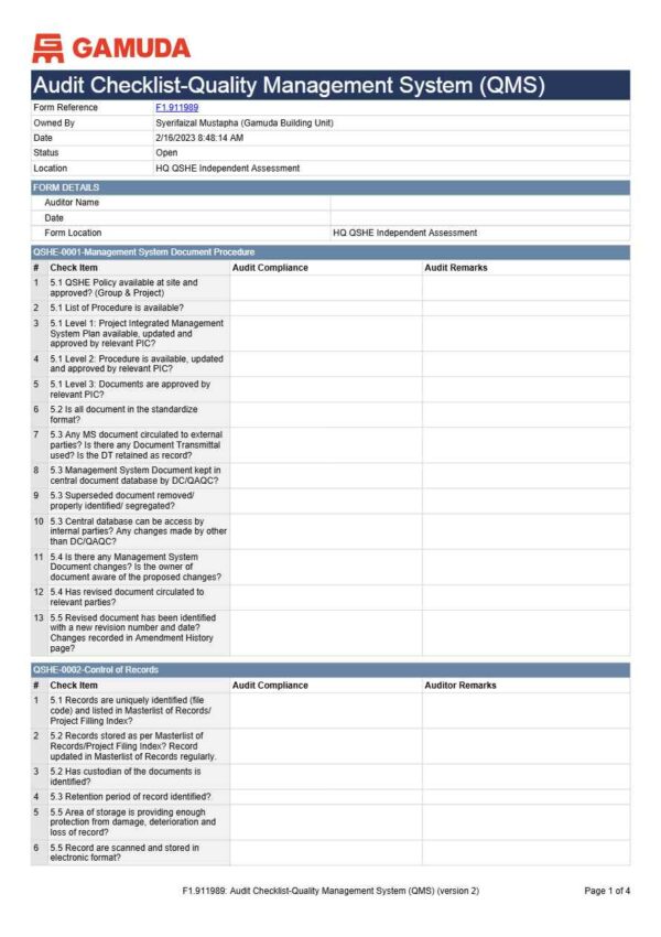 Gamuda Quality Management System Audit checklist template in Word and PDF formats, 4 pages