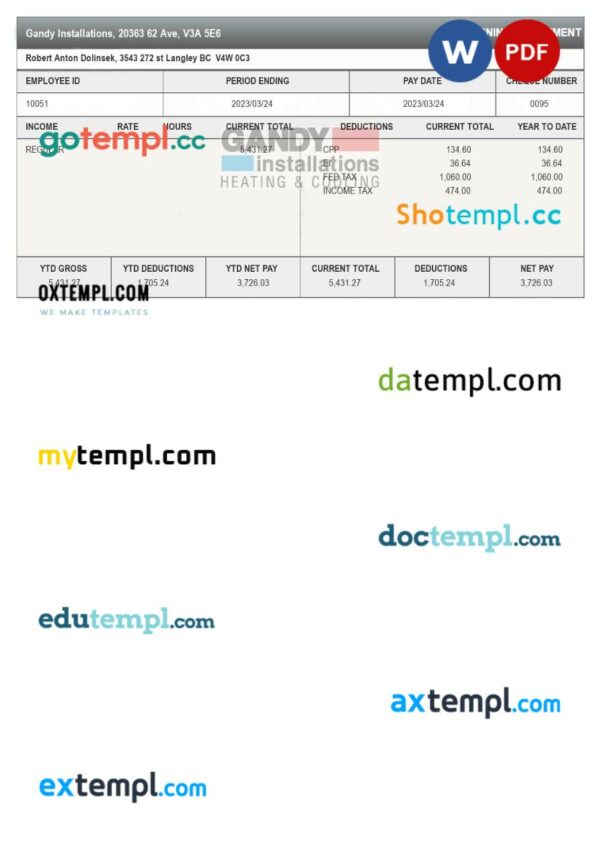 Gandy Installations earnings statement template in Word and PDF formats