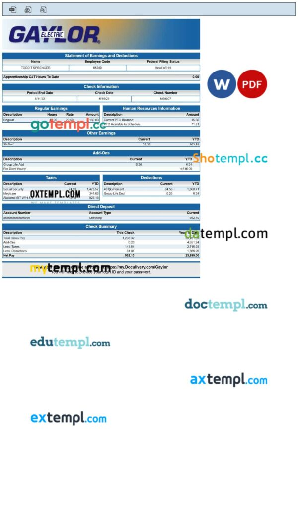 Gaylor Electric statement of earnings and deductions - pay stub