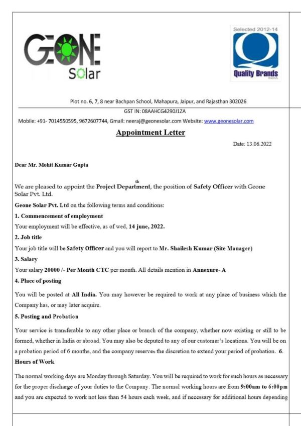 Geone Solar Pvt. Ltd. Safety Officer offer letter in Word and Pdf formats