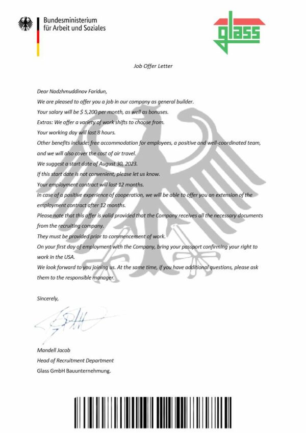 Glass GmbH Bauunternehmung General Builder offer letter in Word and Pdf formats