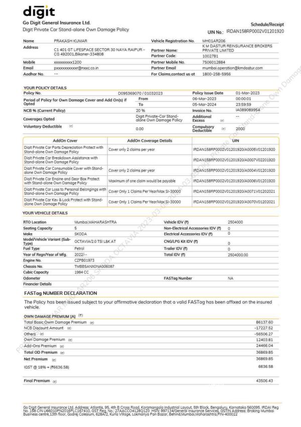 Go Digit General Insurance Ltd. car insurance template in Word and PDF formats