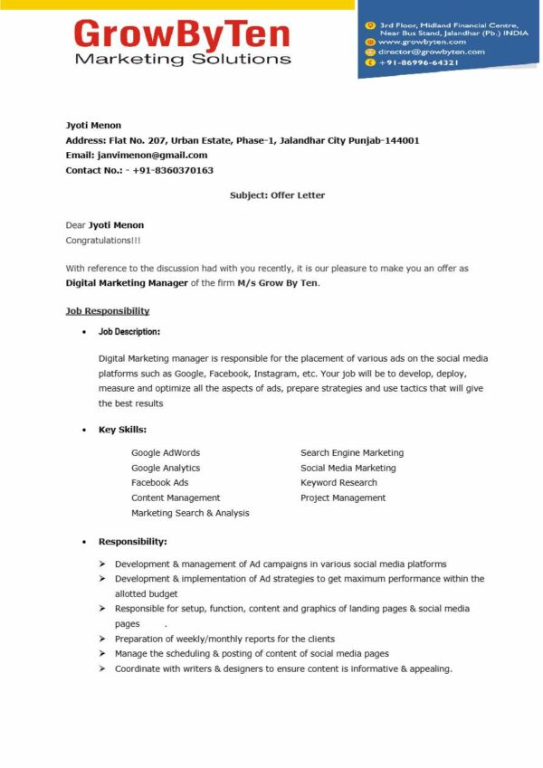 GrowByTen marketing solutions Digital Marketing Manager offer letter in Word and Pdf formats