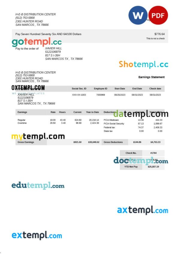 H-E-B Distribution Center earning statement template in Word and PDF formats