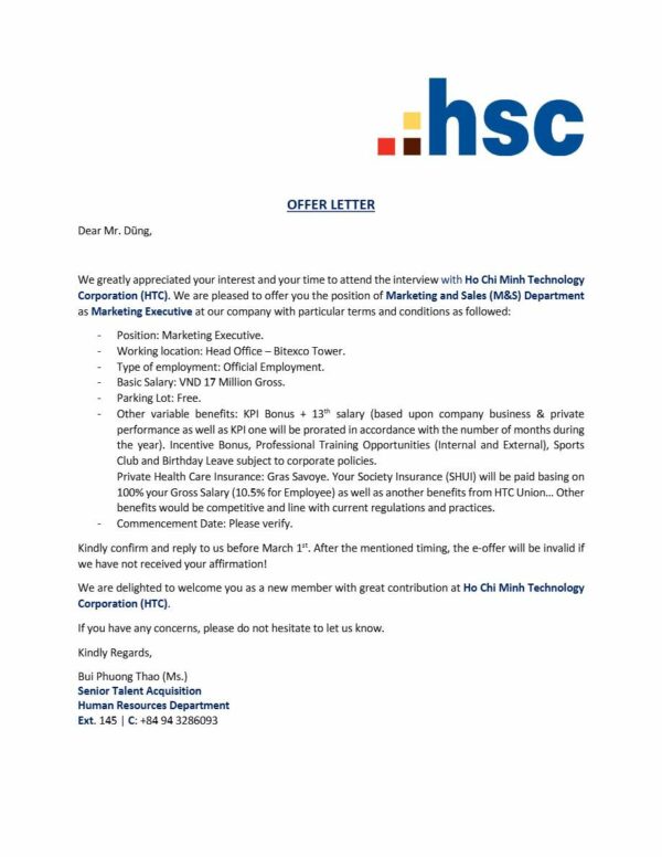 HTC Marketing Executive offer letter in Word and Pdf formats