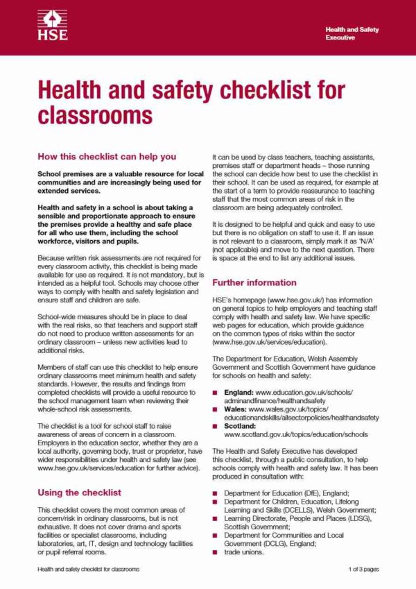 Health and safety classrooms checklist template in Word and PDF formats, 3 pages