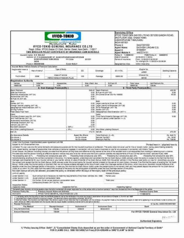 IFFCO Tokio General Insurance Co Ltd. car insurance template in Word and PDF formats