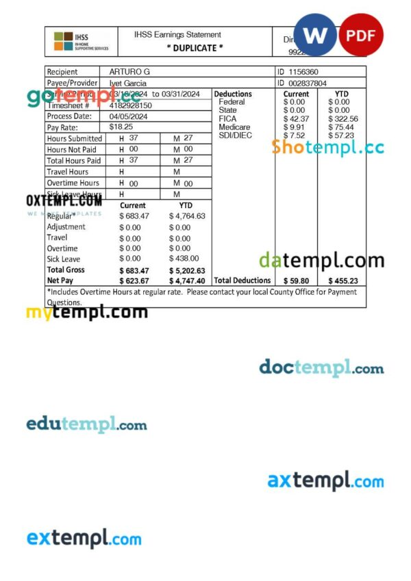 IHSS In-Home Supportive Services earnings statement template in Word and PDF formats