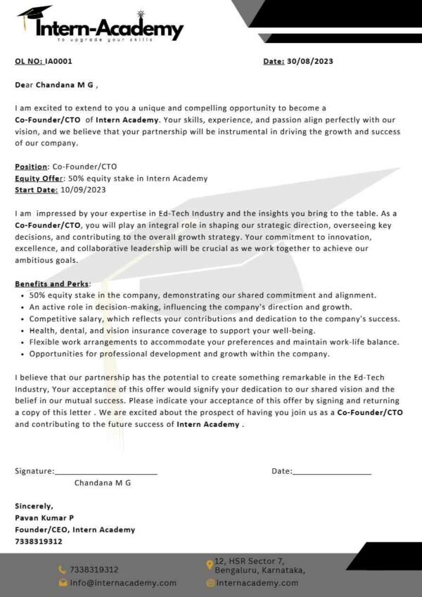 Intern Academy Co-Founder CTO offer letter in Word and Pdf formats