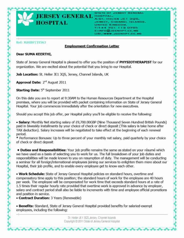 Jersey general hospital Physiotherapist offer letter in Word and Pdf formats