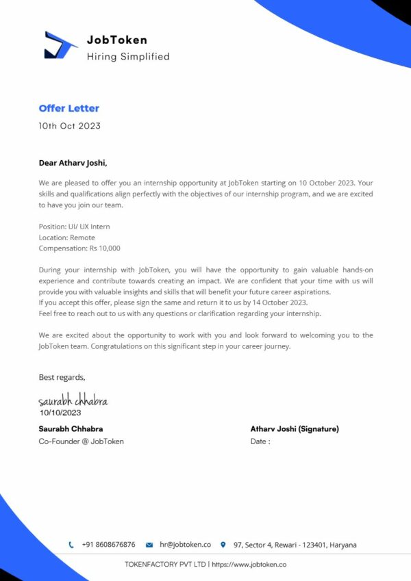 JobToken UI UX Remote Internship offer letter in Word and Pdf formats