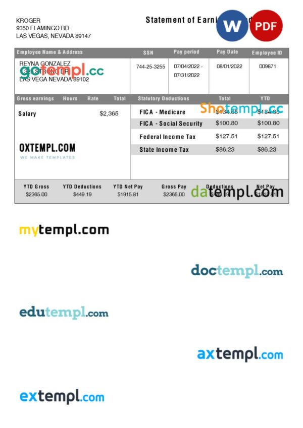Kroger statement of earning & deductions template in Word and PDF formats
