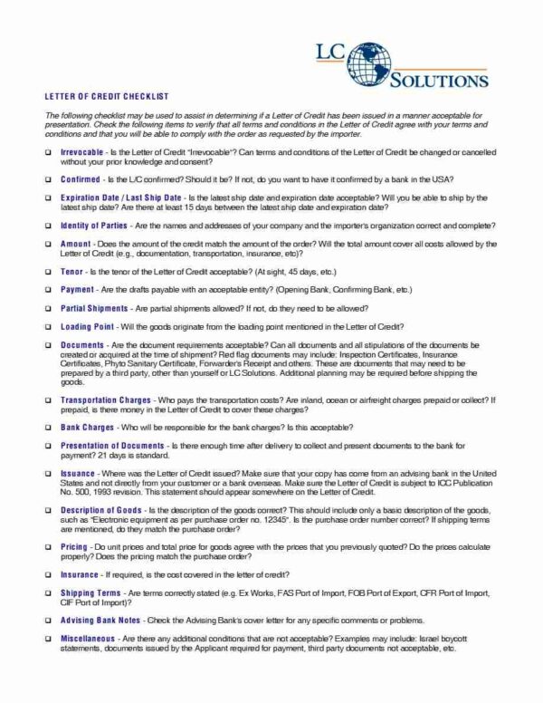 LC Solutions Letter of Credit checklist template in Word and PDF formats