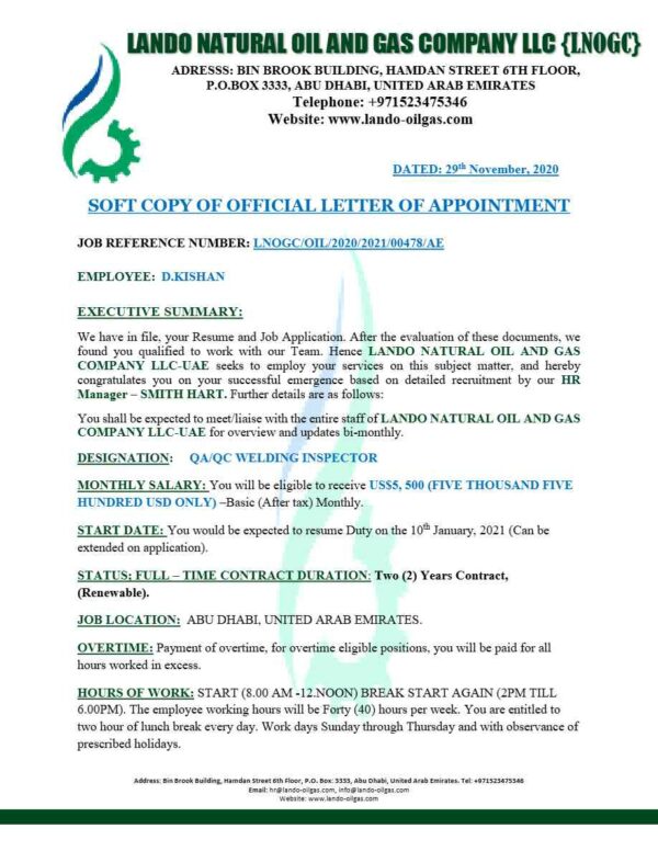 Lando natural Oil & Gas company LLC  QA Welding Inspector offer letter in Word and Pdf formats