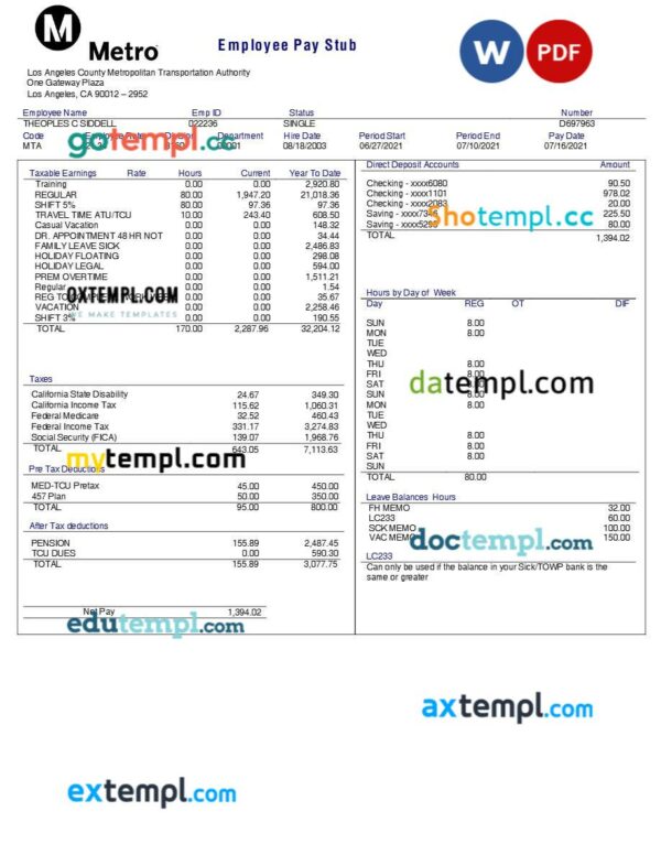 Los Angeles County Metropolitan Transportation Authority employee pay stub