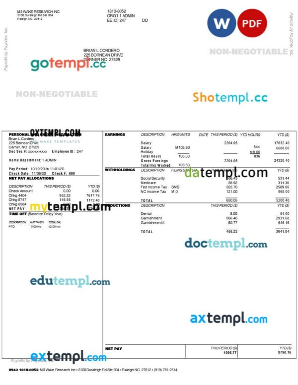 M3 Wake Research INC earnings statement template in Word and PDF formats