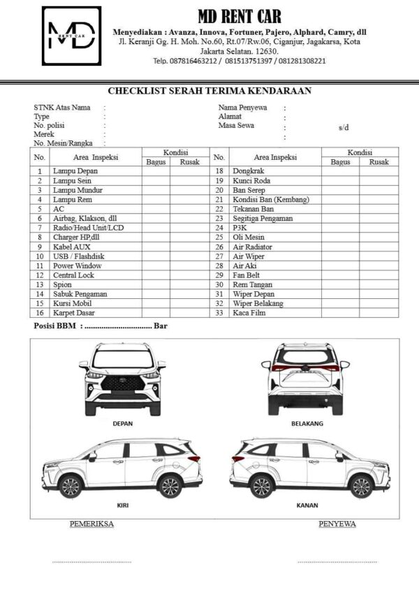 MD Rent Car Vehicle Handover checklist template in Word and PDF formats